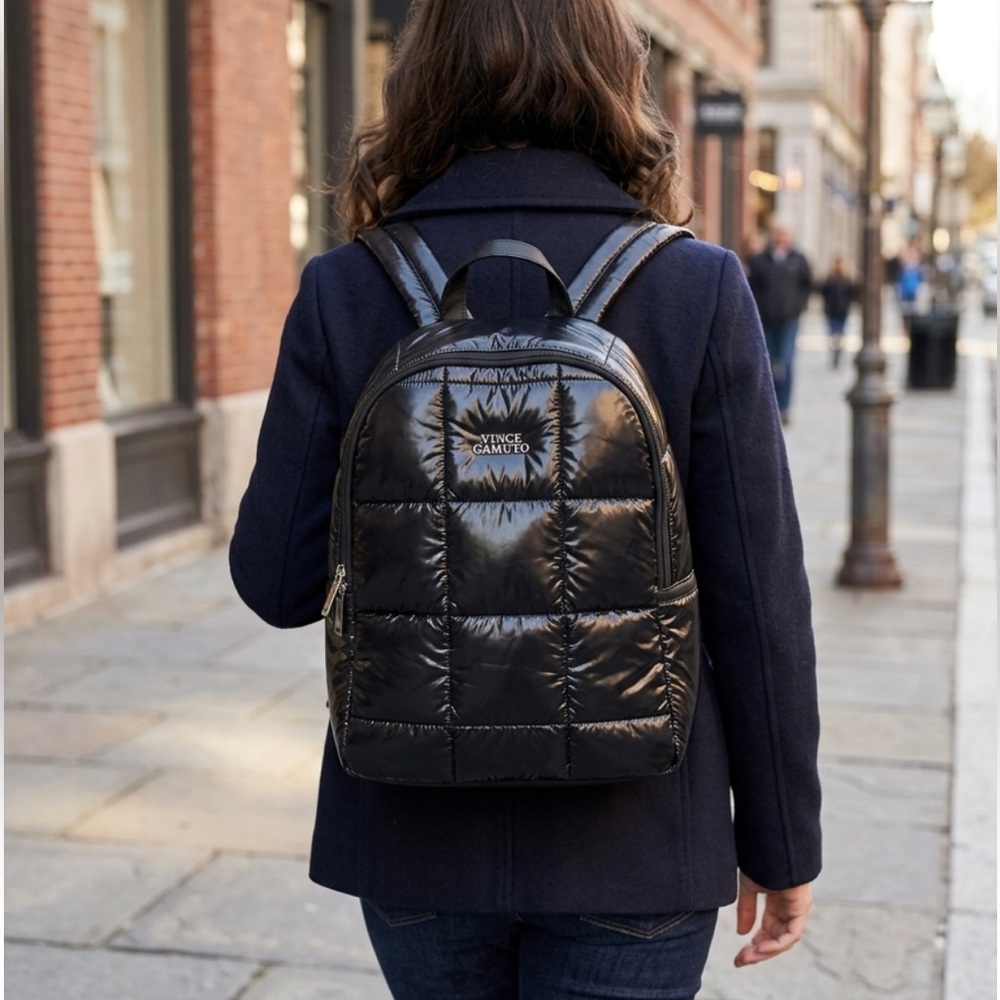 Vince Camuto Black Quilted Puffer Backpack Shiny Glossy High Shine Nylon Bag EUC